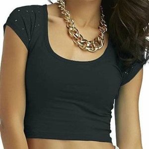 Womens Crop Top Nicki Minaj Black X-Large Studded Cutout Cap Sleeve Scoop Neck